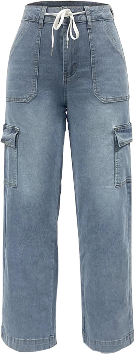 Jeans for Women Trendy Y2k Drawstring Waisted Cargo Jeans Comfort Microelastic Outdoor Straight Leg Denim Trousers