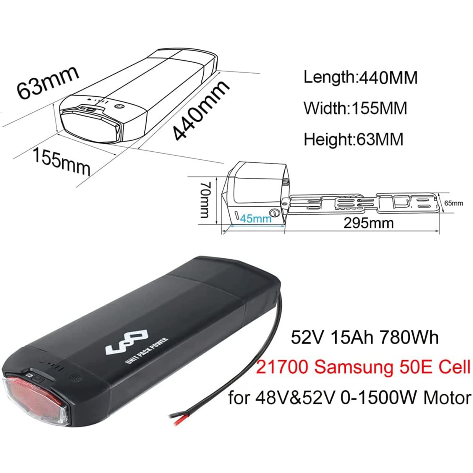 Gepäckträger Ebike Akku 52V 15Ah Heckträger EBike Lithium Ionen Akku Fahrrad Umbausatz für 250W 350W 500W 1000W 1500W Motor mit Ladegerät Safe Lock (ohne Heckträger)