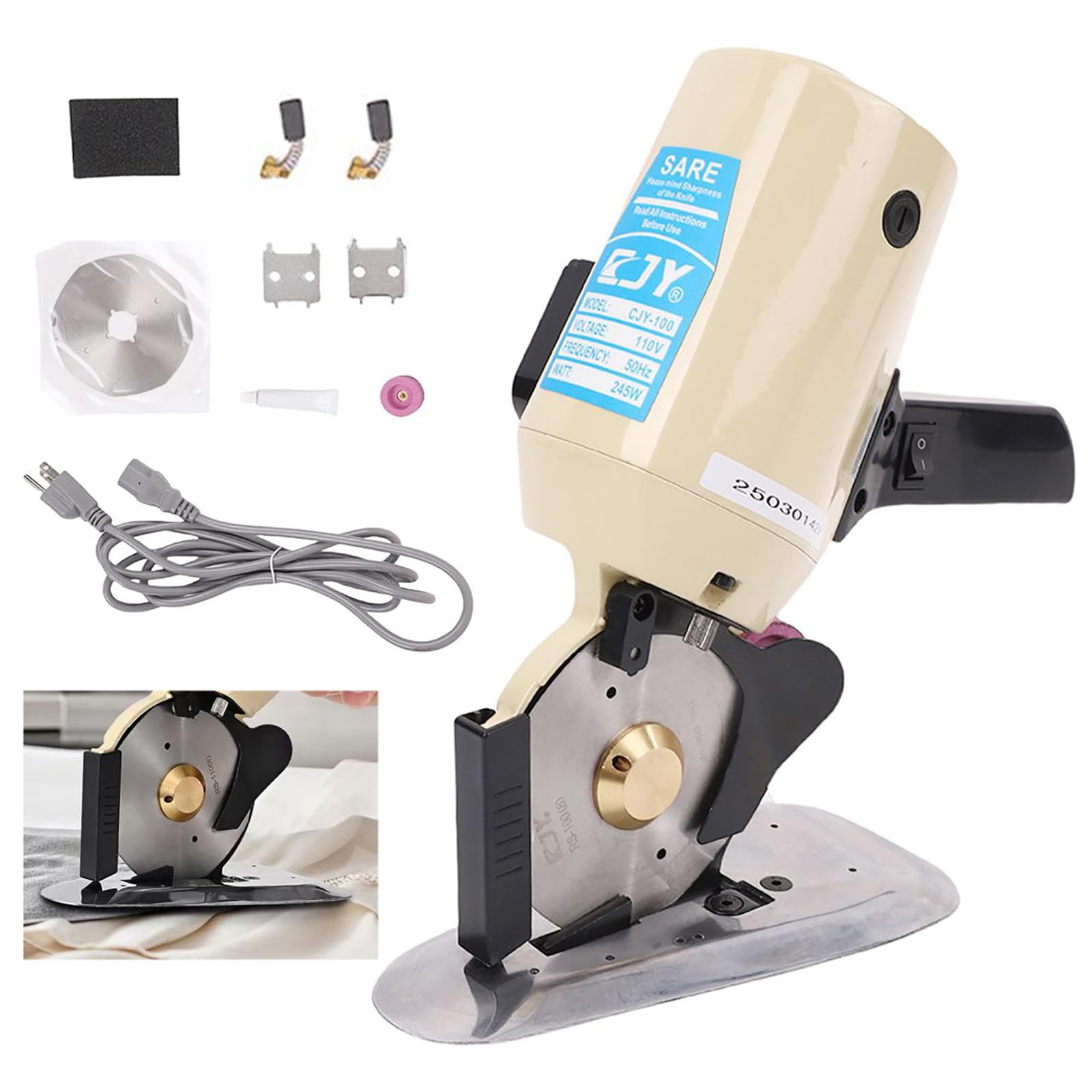 Taglierina elettrica rotativa per tessuti, 110 V, tagliatrice elettrica per tessuti, lama rotante da 10 cm, con affilatrice automatica per vestiti, tessuti, tappeti