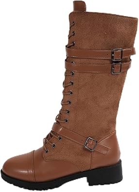Womens Mid Calf Boots Lace up Combat Boots Denim Leather Riding Motorcycle Long Booties Low Heel Gothic Motorcycle Flats Long Shoes