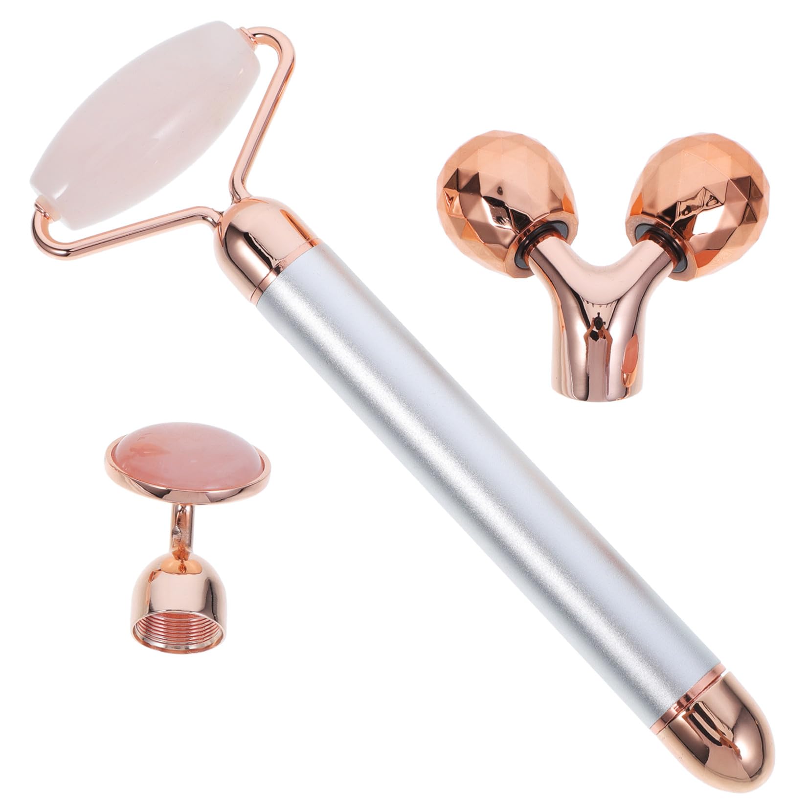 Housoutil Kit Rullo per Massaggi Viso 3-in-1 Cristallo di Jade Argento, Massaggiatore Elettrico Anti-invecchiamento per Ridurre le Rughe, per Pelle del Viso Femminile