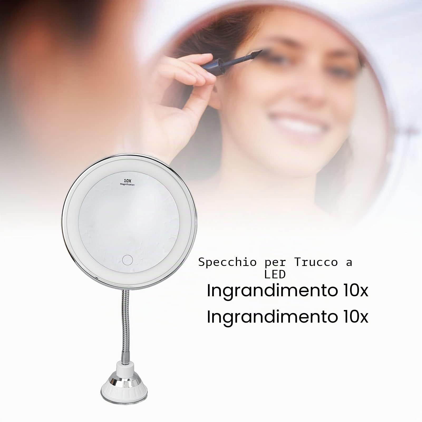 Agatige Specchio illuminato per il trucco con ingrandimento 10x, braccio girevole a 360 gradi, specchio LED a luminosità regolabile con ventosa per casa, bagno, ufficio e viaggi