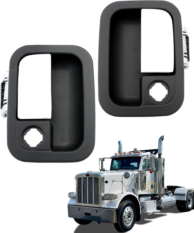 Outer Door Handles, Compatible with 2001-2025 Peterbilt, 2005-2020 Kenworth | Chrome Outside Front Left Driver & Right Passenger Side Handle w/ Key Hole, OE# 7605403, 7605408, 42766, 42767 (Pair)
