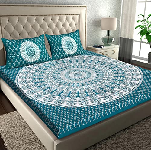 Image of RajasthaniKart Pure Cotton 144 TC Printed Double /Queen Bed Elastic Fitted Bedsheet with 2 Pillow Covers - All Around Elastic | 60 inchx78 inch, Fits Up to 8 inch Mattress | Jaipuri Print, 5248