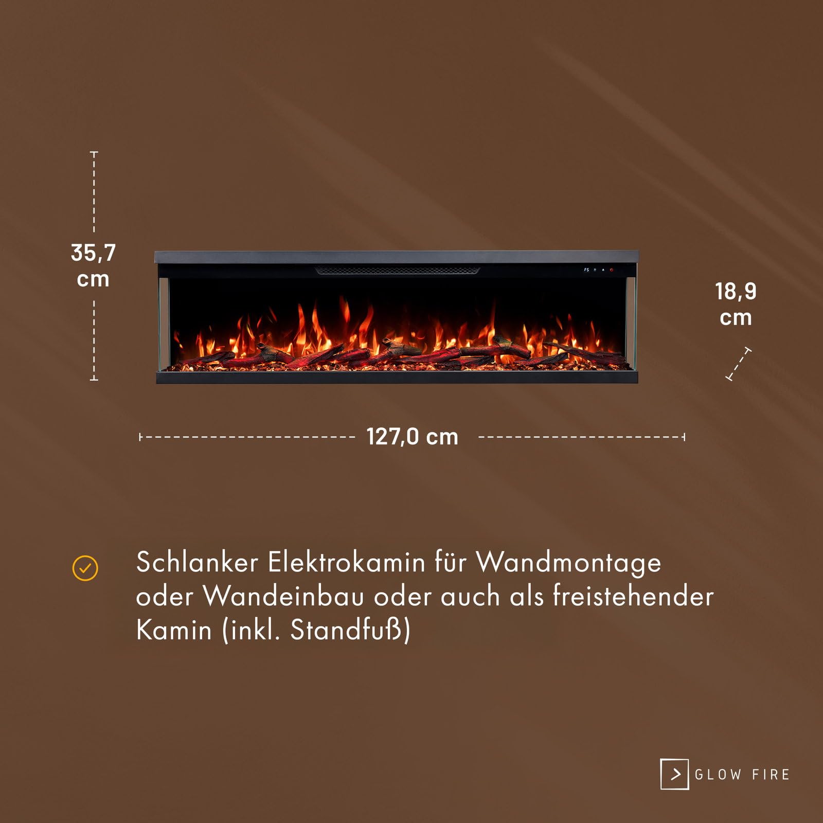 GLOW FIRE Kominek elektryczny Insert 106 z realistycznym ogniem LED 3D – ścienny kominek elektryczny z ogrzewaniem i ogniem, sterowanie za pomocą aplikacji, efekt trzaskania i timer, maks. 1800 W, 127