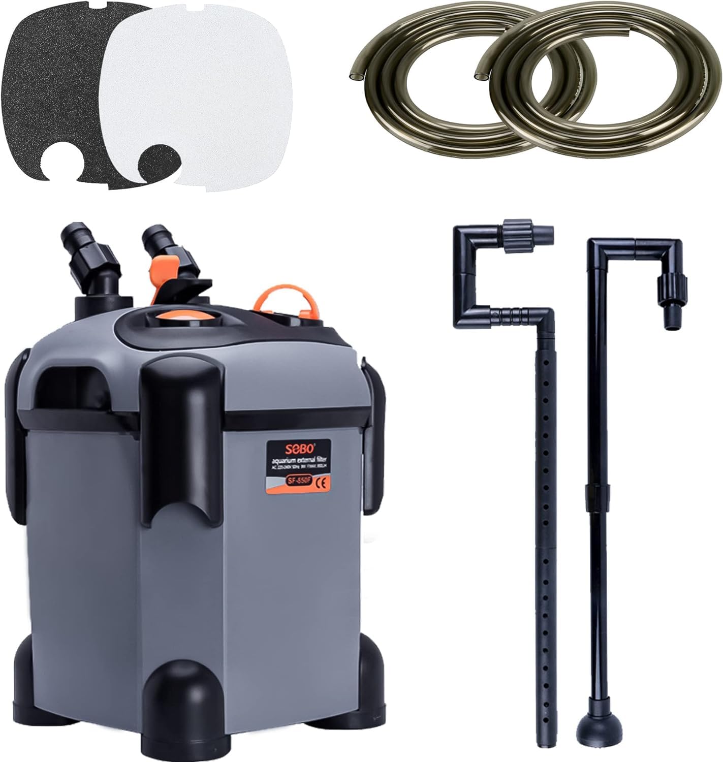 Sobo SF-650F external canister filter and included accessories: filter unit, hoses, inlet/outlet pipes, and filter media pads.