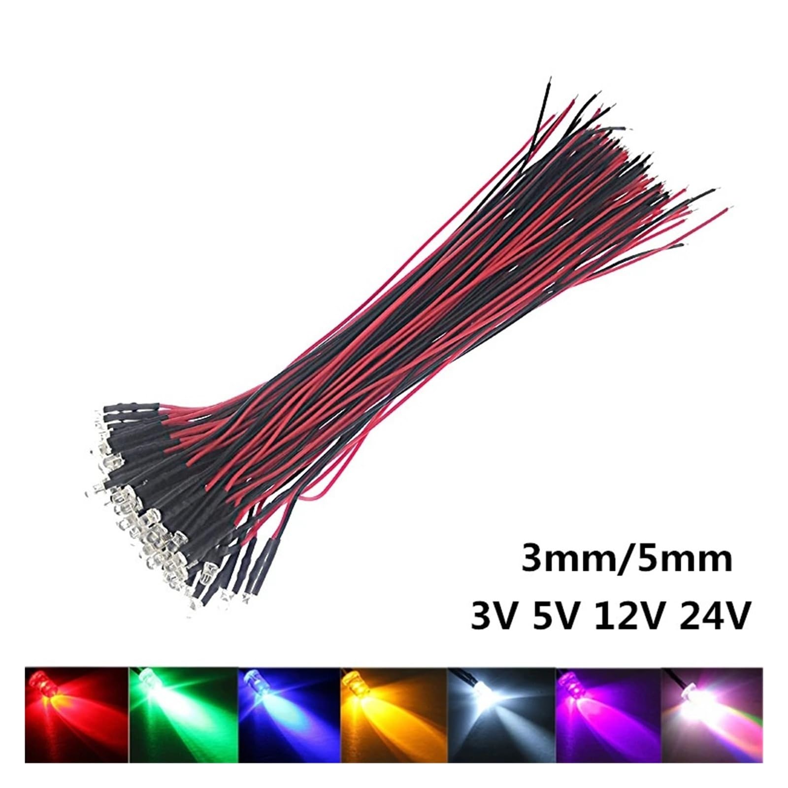 50 pz 3 V 5 V 12 V 24 V DC 3mm 5mm Diodi LED Rosso Verde Blu Giallo Arancione Rosa Bianco Caldo Precablato Cavo da 20 cm(5V 3mm,Orange)