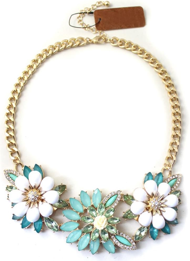 Heyjewels Colorful Beautiful Lucite Crystal Flowers Necklace Statement Bib Bloom Necklace Mint Green