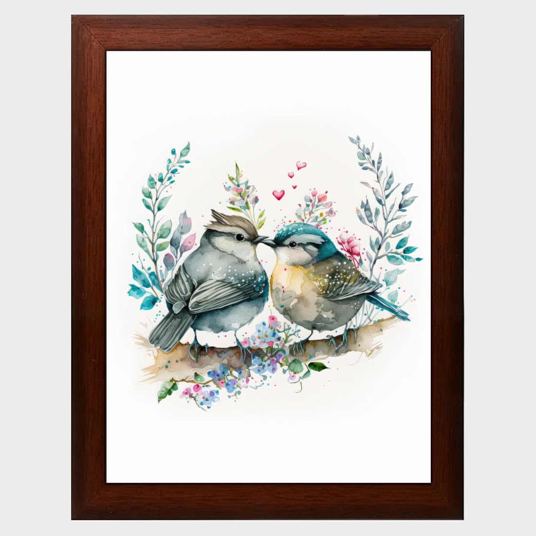 Love Birds Painting Digital Reprint Trendy Fancy Room Home Office Wall Art With Brown Frame (10Inches X 13.5Inches)