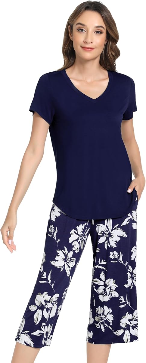 NACHILA Bamboo Viscose Pajamas for Women Short Sleeve V Neck Capri Set | Moisture-wicking sleepwear, rapid heat dissipation, sweat-free feel, perfect choice for hot sleepers, no-cling wearing