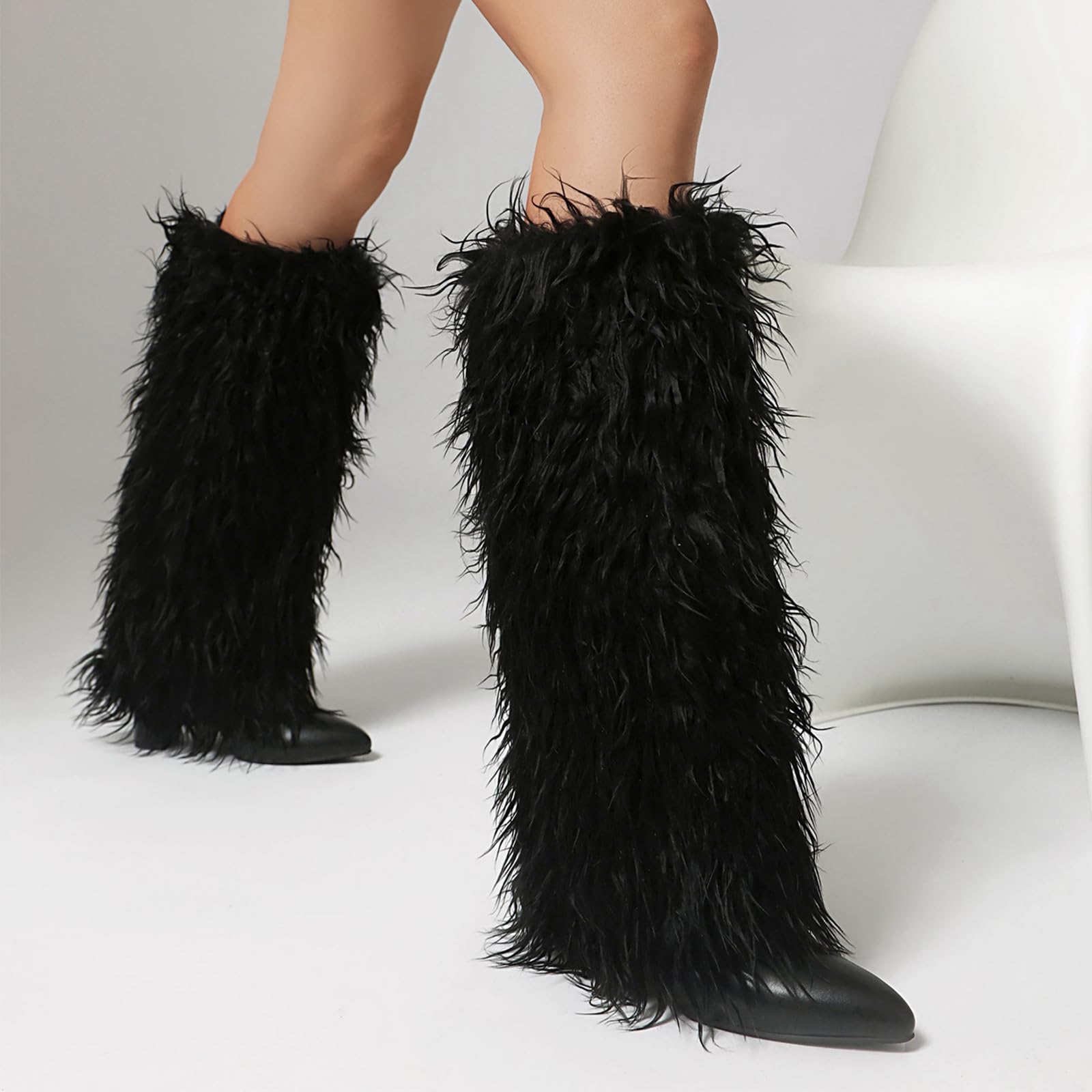 Damskie buty do kolan ze sztucznego futra szpiczasty nosek szpilki modne wyraziste buty stylowe zimowe jesienne przyjęcie wieczorne wyjście biuro podróż odzież na co dzień, Czarny, 40 EU