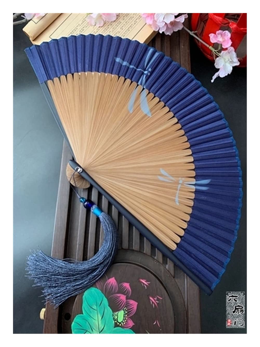 NZPOST Folding fan Chinese Style Ancient Style Bamboo Handle Folding Fan Juan Cloth Female Fan Cherry Blossom Portable Jump Dance Fan fan (Plum 21cm)