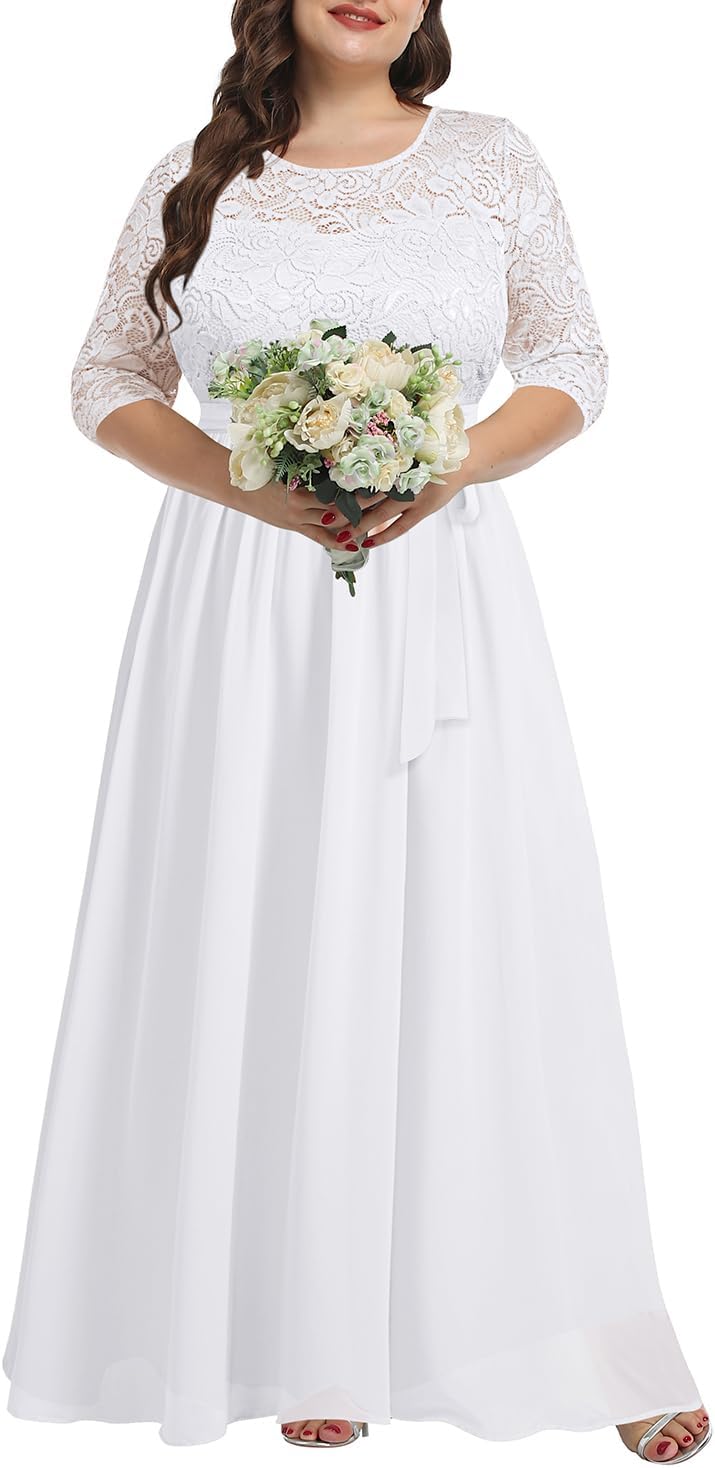 Plus Size Formal Dresses - Women Evening Gown Lace 3/4 Sleeve Wedding Bridesmaid Chiffon Maxi Long Dress