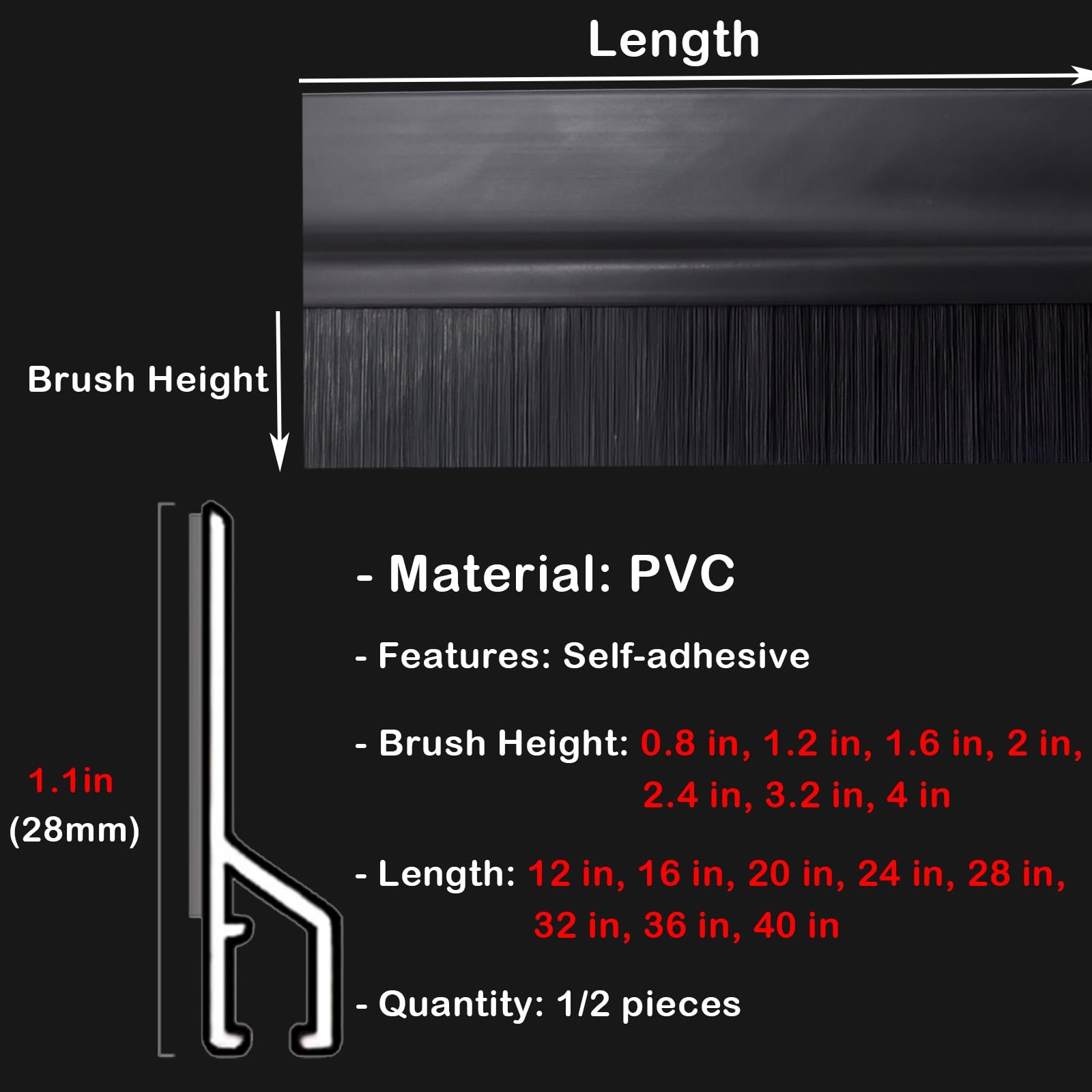 Cepillo para Puertas, Cepillo para Puertas de Garaje a Prueba de Viento - Cepillo de 61 cm para Puertas y portones, cerdas a Prueba de Polvo para maquinaria Industrial y Racks de servidores,