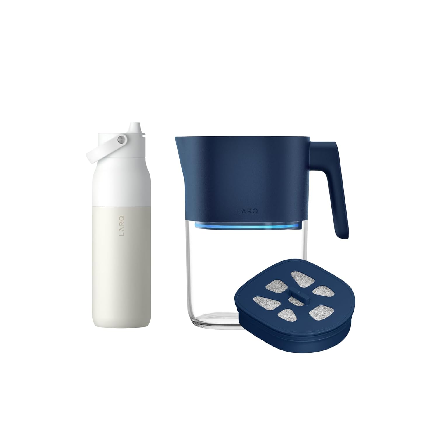 LARQ Hydrated Cheer Gift Set - Pitcher PureVis 1.9L Monaco Blue, Self-Cleaning UV Water Filter Pitcher for Tap, Drinking Water and Swig Top 34 Oz, Insulated Water Bottle with Built-in Silicone Handle