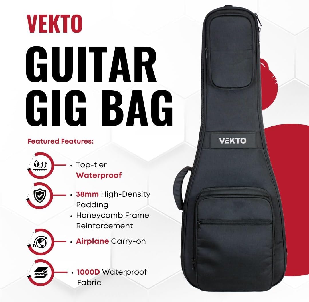 38mm Padded Acoustic Guitar Bag for Dreadnought Waterproof 1000D Oxford, Thick Foam Padding, Adjustable Straps, Spacious Pocket, Back Hanger Loop, Neck Protection VEKTO Black