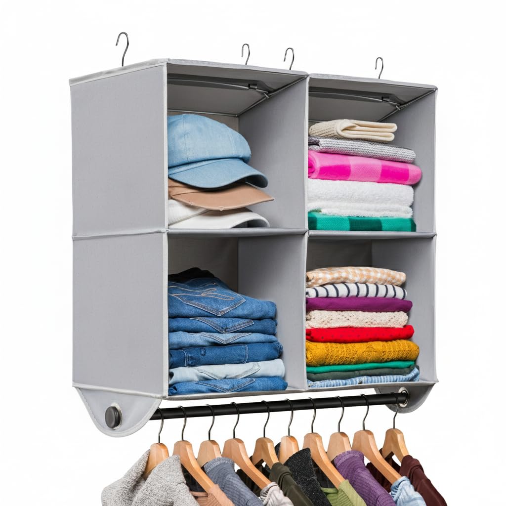 Hold N' Storage - Organizador de armario colgante de 4 estantes, estantes colgantes para armario y organizador colgante de armario de caravana, color gris con barra de metal negro, 24 pulgadas de
