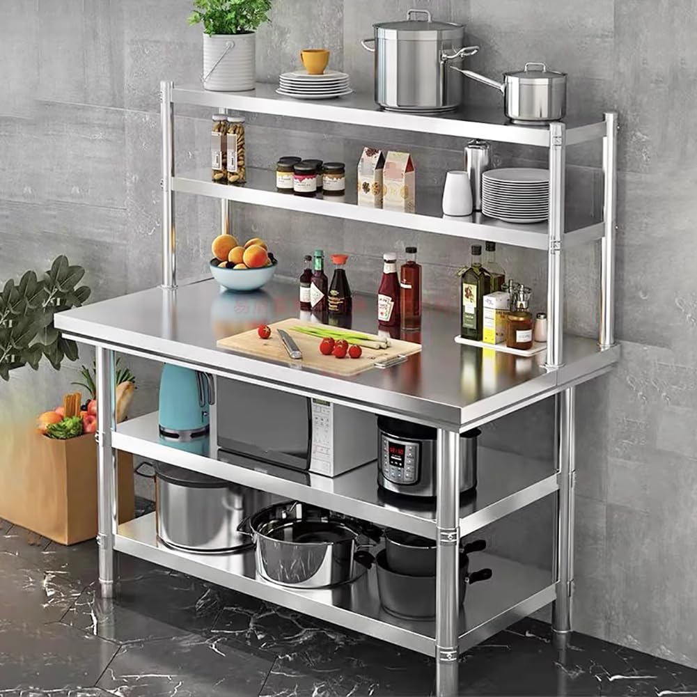 Piano di Lavoro per Cucina in Acciaio Inox A Doppio Strato, Tavolo Regolabile per La Preparazione del Cibo, Tavolo di Preparazione per Isola da Cucina in Metallo,L100×w70×h150cm