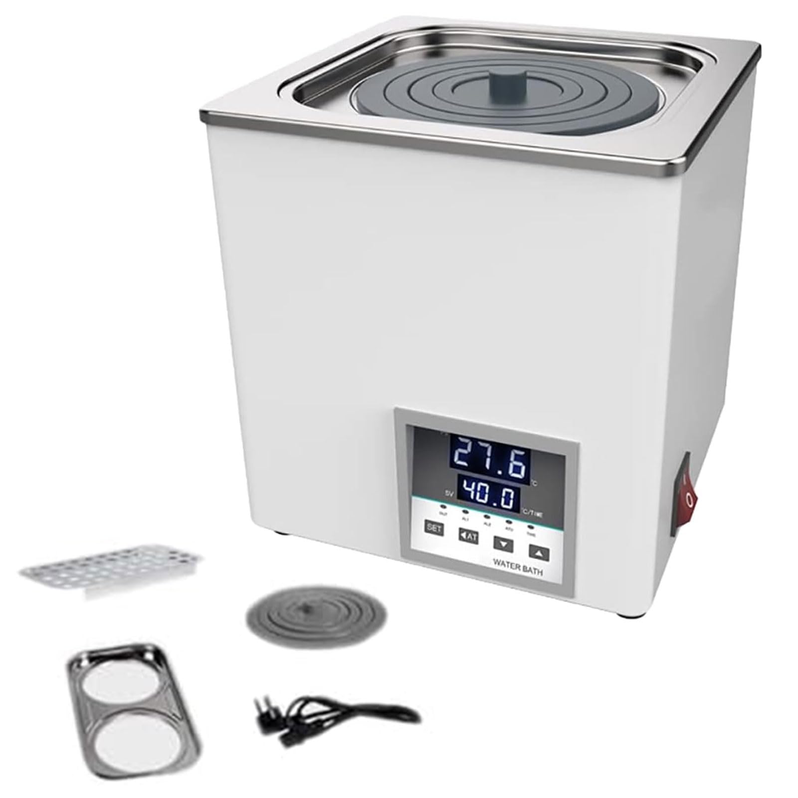 Baño María de Laboratorio con Tiempo Seleccionable, Calentador eléctrico de 300W - 1500W, 99.9 ℃, Acero Inoxidable, Pantalla LED Dual, Control Preciso de Temperatura, Anti-Quemaduras
