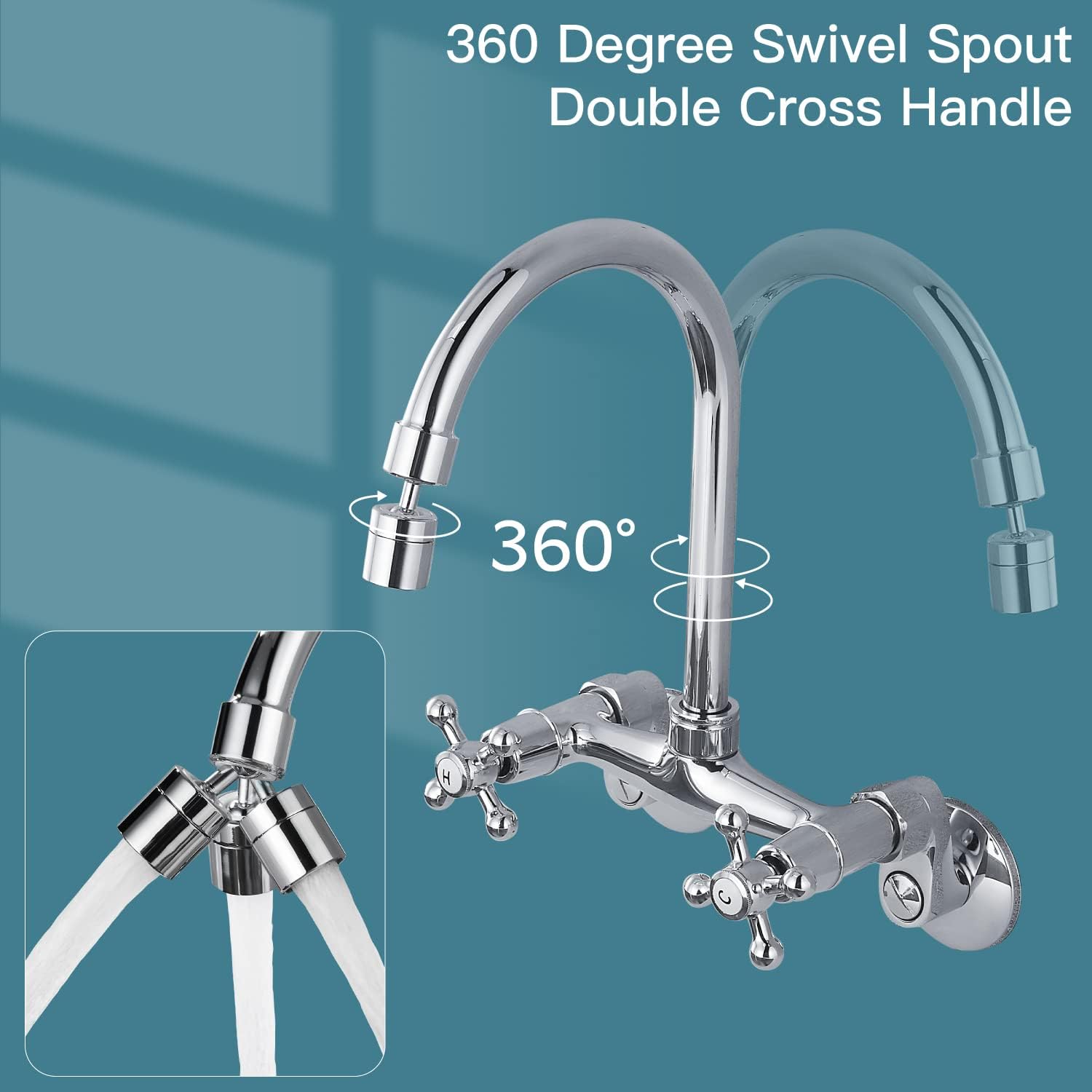 Get Popular Offer Polish Chrome Kitchen Sink Faucet Wall Mount 6 Inch Center Adjustable Hole Distance Kitchen Wall Faucets 360 Degree Swivel Spout Double Cross Handles