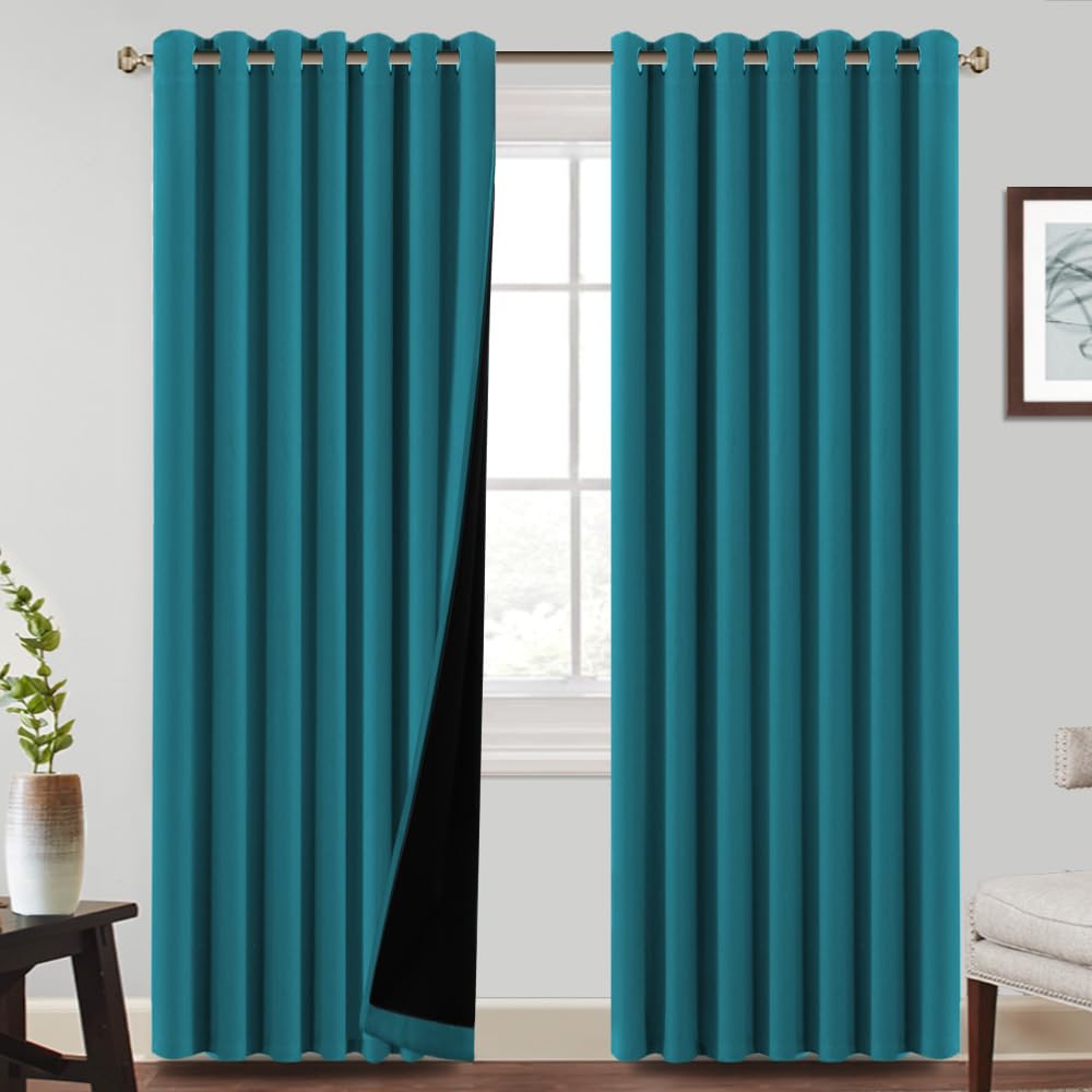 BellaHills 100% Blackout Curtains Eyelet Thermal Insulated Curtains for Living Room Heat and Full Light Blocking Window Treatments with Black Liner 2 Panels