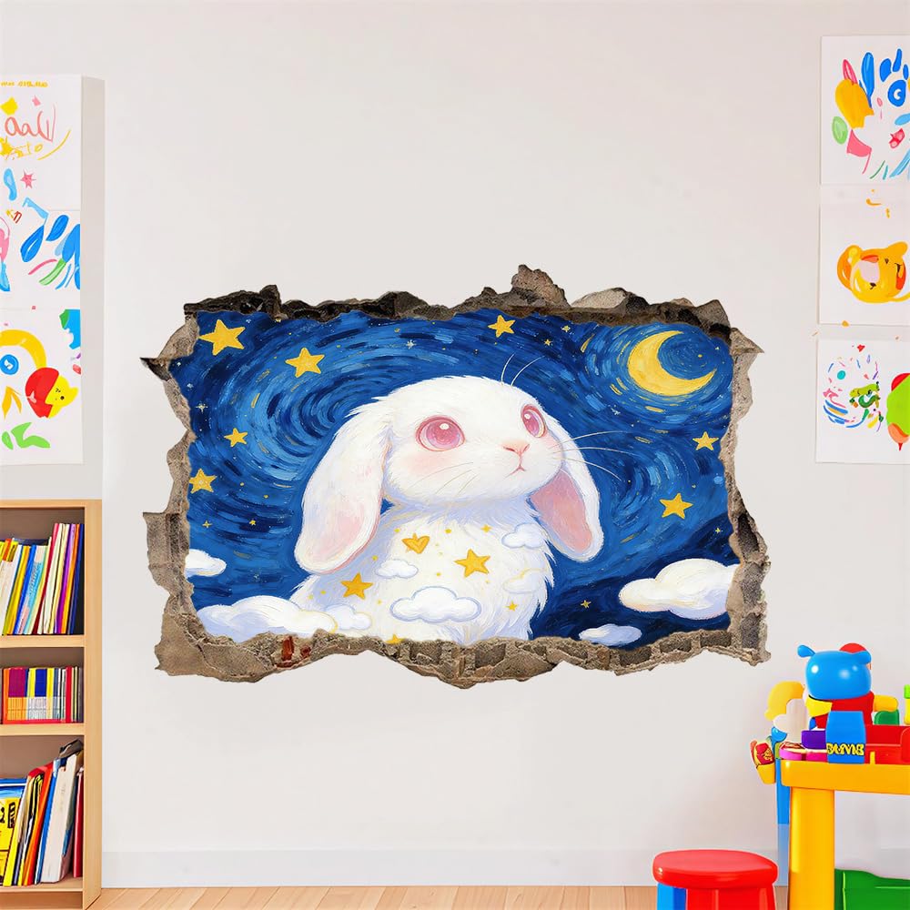Pegatinas de decoración de pared 3D Lindos Conejos Pegatinas De Pared Calcomanías Murales De Pared Rotas 3D Luna, Estrellas, Nubes Vinilo De Pared Arte Hogar Decoración De Pared 112x75cm