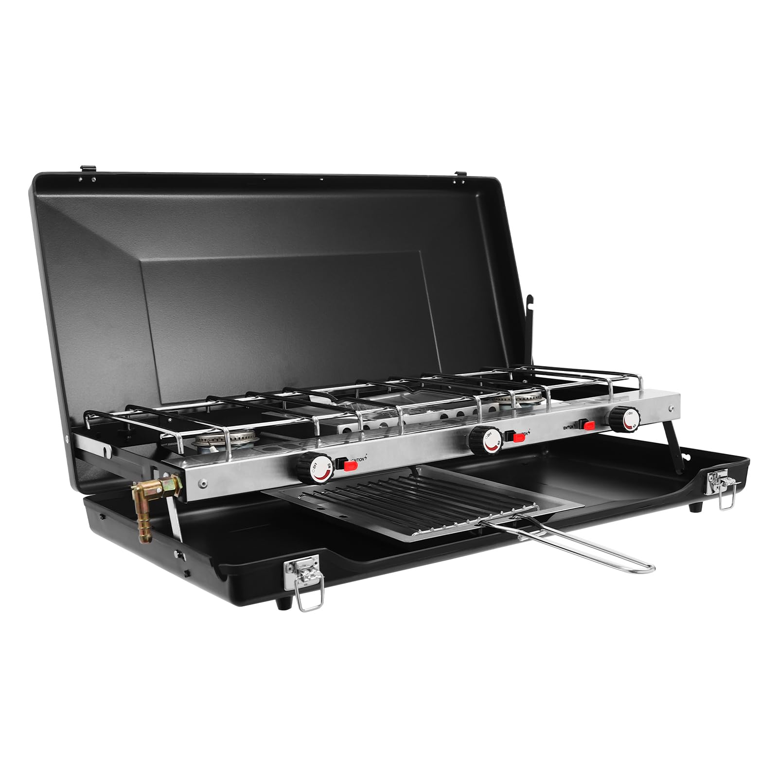 Hornillo de camping plegable con 3 quemadores y 4,5 kW de potencia total, hornillo de gas portátil con encendido piezoeléctrico y tapa como protección contra el viento, barbacoa de camping para