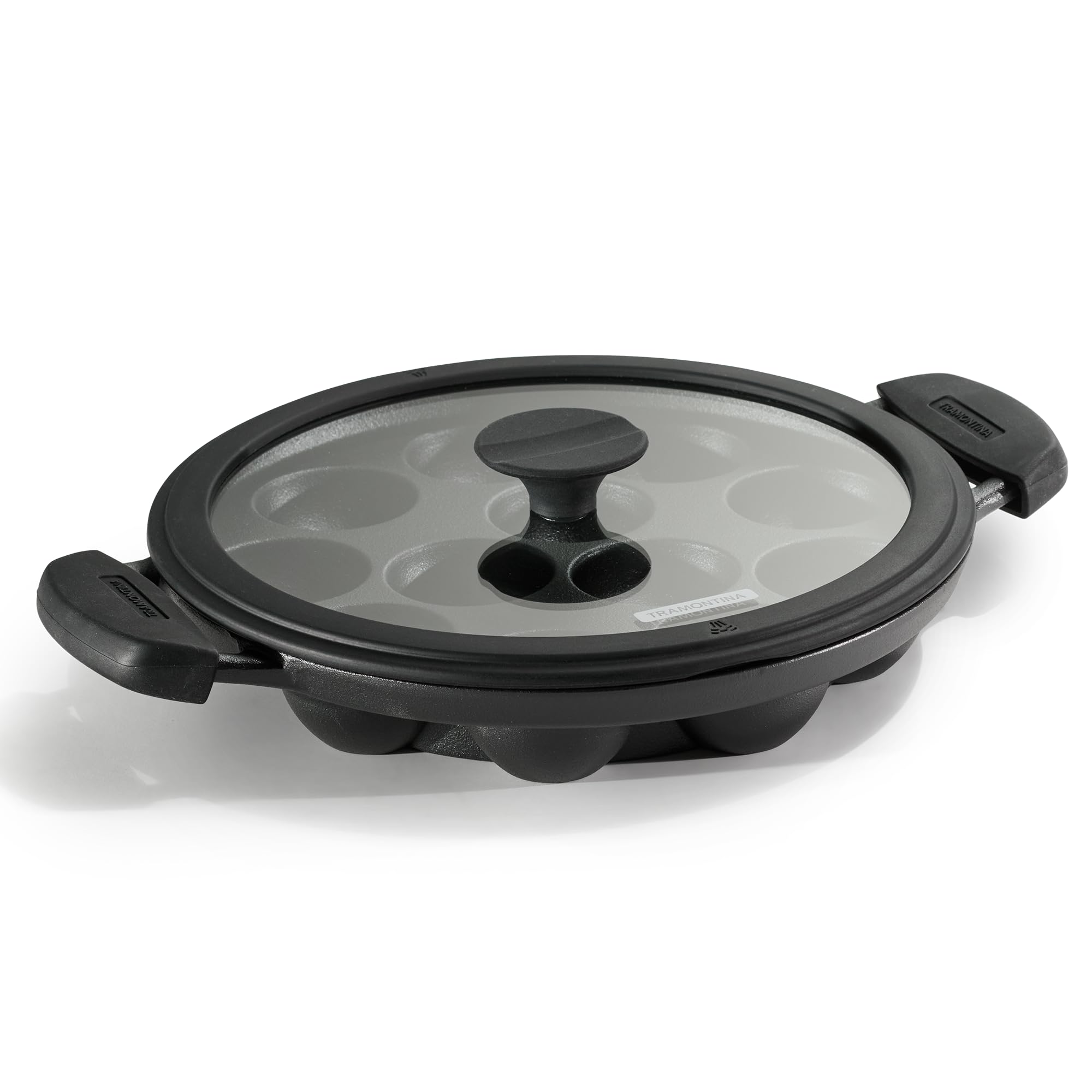 TRAMONTINA Titanex 26 cm Pre-Seasoned Cast Iron Paniyaram | Appe Pan – 12 Pits | Non-Toxic | Induction Ready | Toughned Glass Lid | Snap-on Cool Touch Grips | Superior Heat Retention.