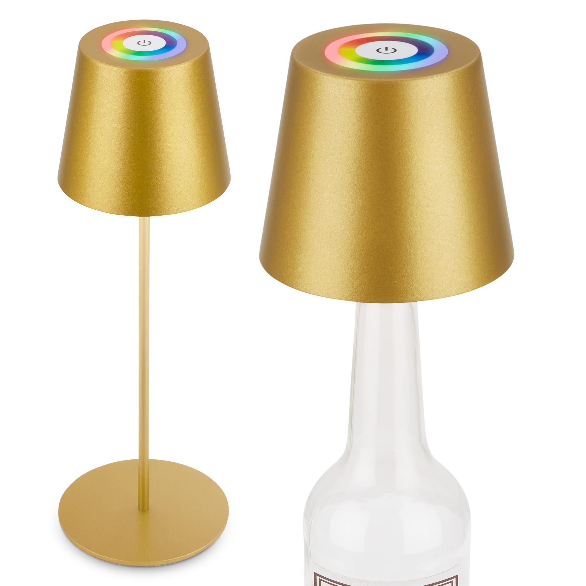 BRILONER - 3 in 1 RGBW LED Table Lamp Wireless IP44 with Touch, Continuously Dimmable, Battery & Light Source Replaceable, Bedside Lamp, LED Lamp, Table Lamp, Wine Lamp, Bottle Lamp Attachment, Gold
