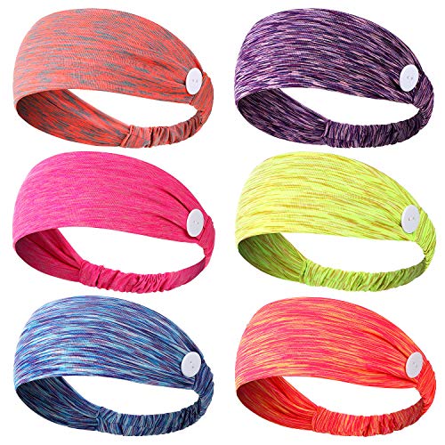 6 Pieces Headbands with Buttons Elastic Buttons Headbands Non-Slip Sports Hairbands Stretchy Ear Protection Holder Headband for Adults Face Covering Holder Outdoor Activities (Chic Colors)