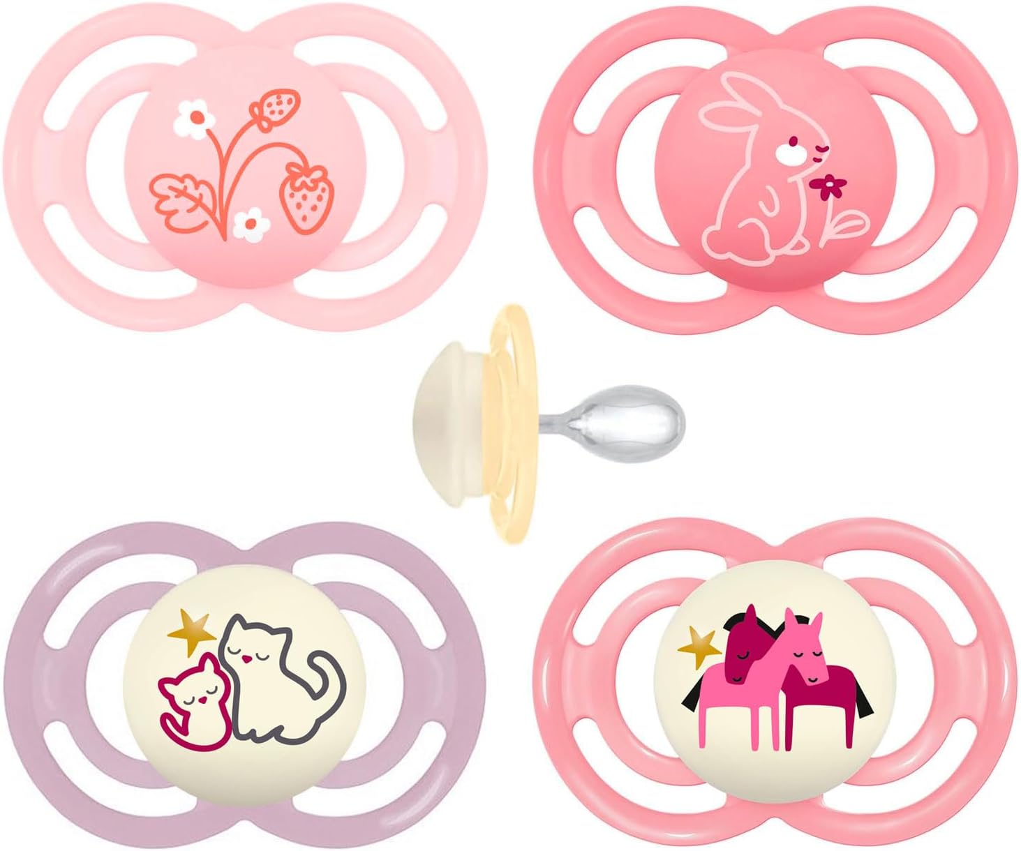 Perfect Day & Night Dummy 16+ M (Pack of 4), Includes Transport and Sterilisation Box, Baby Dummy from 16 Months, MAM SkinSoft Silicone Teat, Pack of 4, Pink