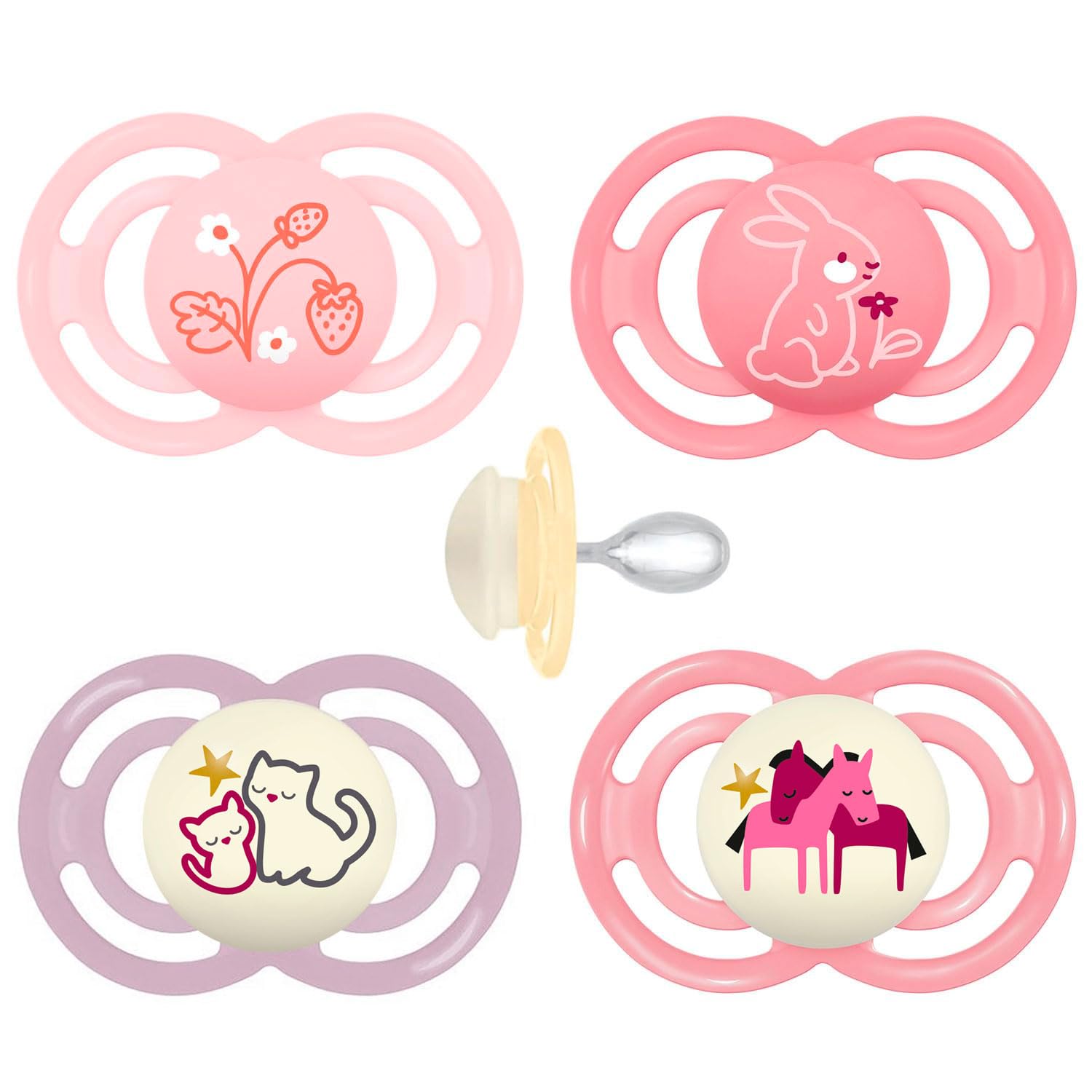 MAM MAM fopspeen, 16 maanden, set van 2, 16-36 maanden, voor de gevoelige en gevoelige huid, 2-delige babyaccessoireset met natuurlijke rubberen zuiger en sterilisator-fopspeenhouder, roze/crème