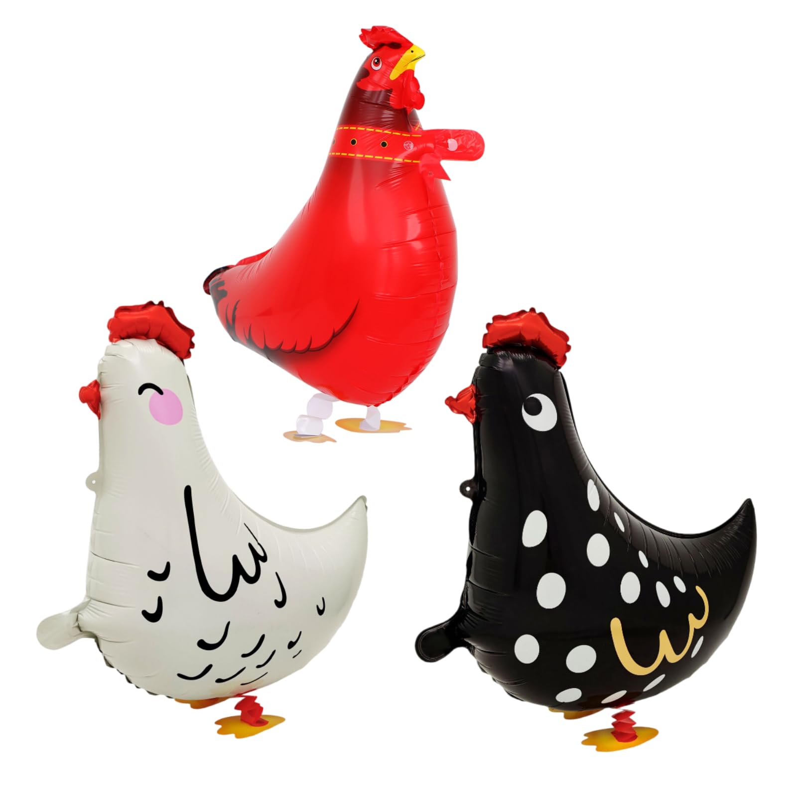 3 PCS Walking Chicken Balloons Set - White Hen, Black Hen, Rooster Foil Balloons | Farm Animal Theme Party Decorations for Birthday, Baby Shower, Barn Wedding | 22 Inch