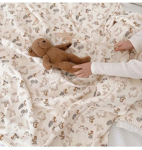 47X59 6-Layers Super Soft 100% Muslin Cotton Nursery Swaddling Bed Blanket For Baby Girls Boys Unisex Kids Breathable Cute Adorable Natural White Color Cartoon Brown Squirrel Mushroom Floral #TOP3