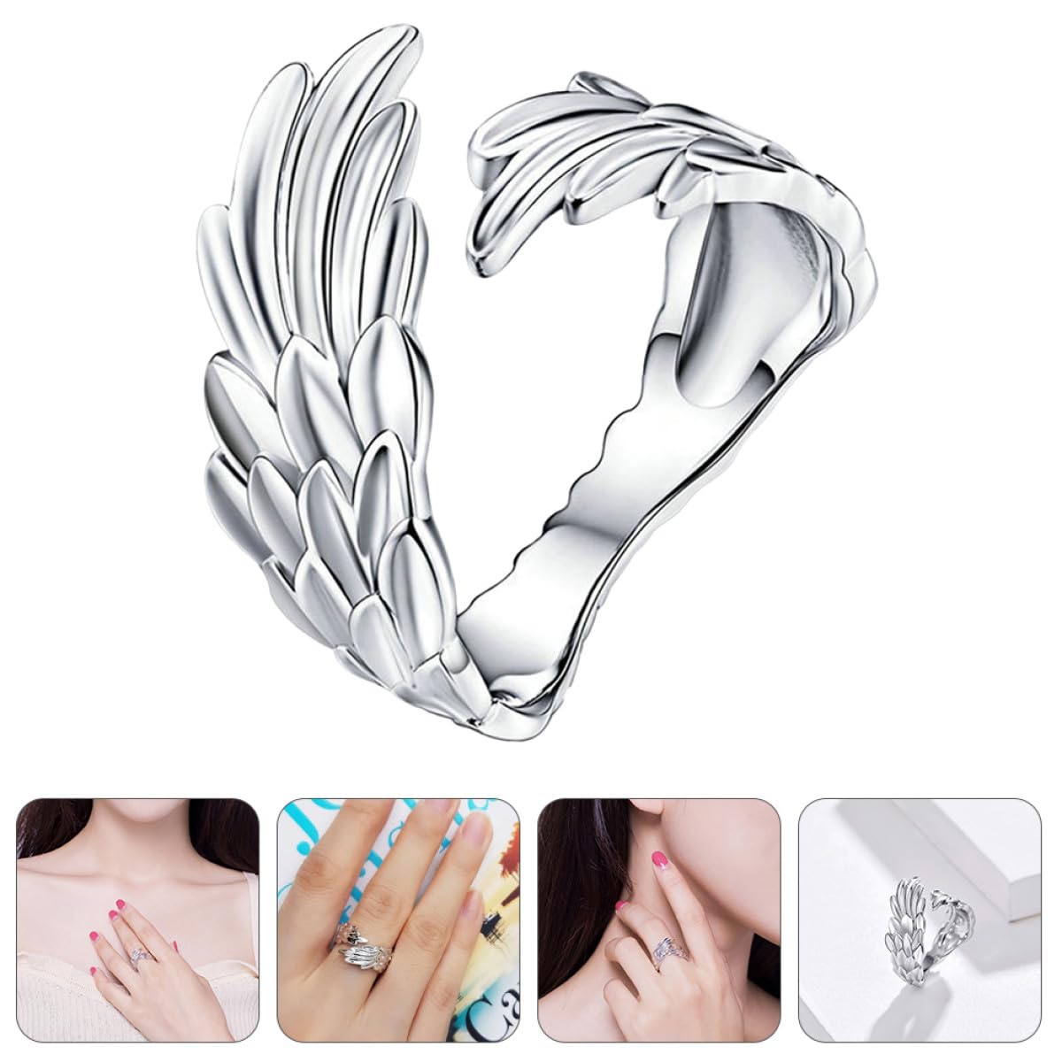Abaodam Bague Ouverte en Argenté S925 Réglable Forme D'aile Décorative pour Femmes et Filles, Style Élégant et Simple, pour Mariage ou Occasion Spéciale