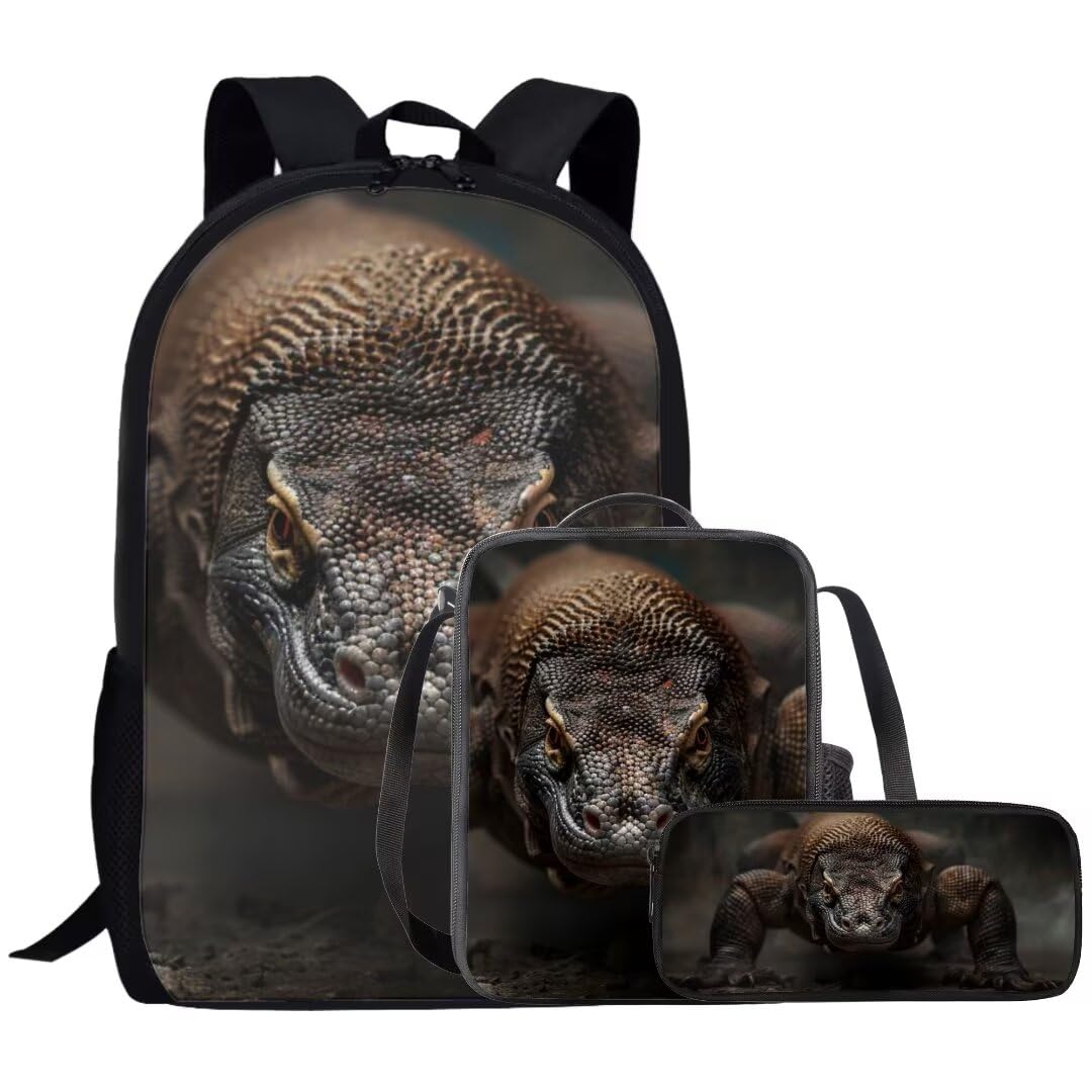 Beauty Collector Komodo Dragon Print Backpack and Lunch Bag Set for Girls with Pencil Case, Personalize Print School Backpack Set for Kids