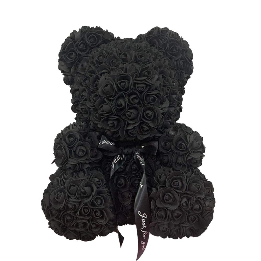 Feiwen Black Rose Flower Bear 10 Inch Teddy Bear Artificial Flowers Gift For Mothers Day, Valentines Day, Anniversary & Bridal Showers (Black)