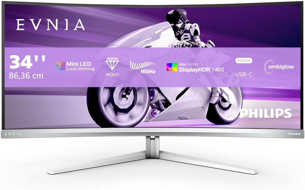Philips Evnia Gaming Monitor Curvo 34M2C7600MV/00, local dimming, 34 3440 x 1440, 21:9, 165 Hz, HDR 1400, AMD FreeSync, USB-C 90W, 2 HDMI, display port, hub USB, Speakers, PiP/PbP, vesa, nero