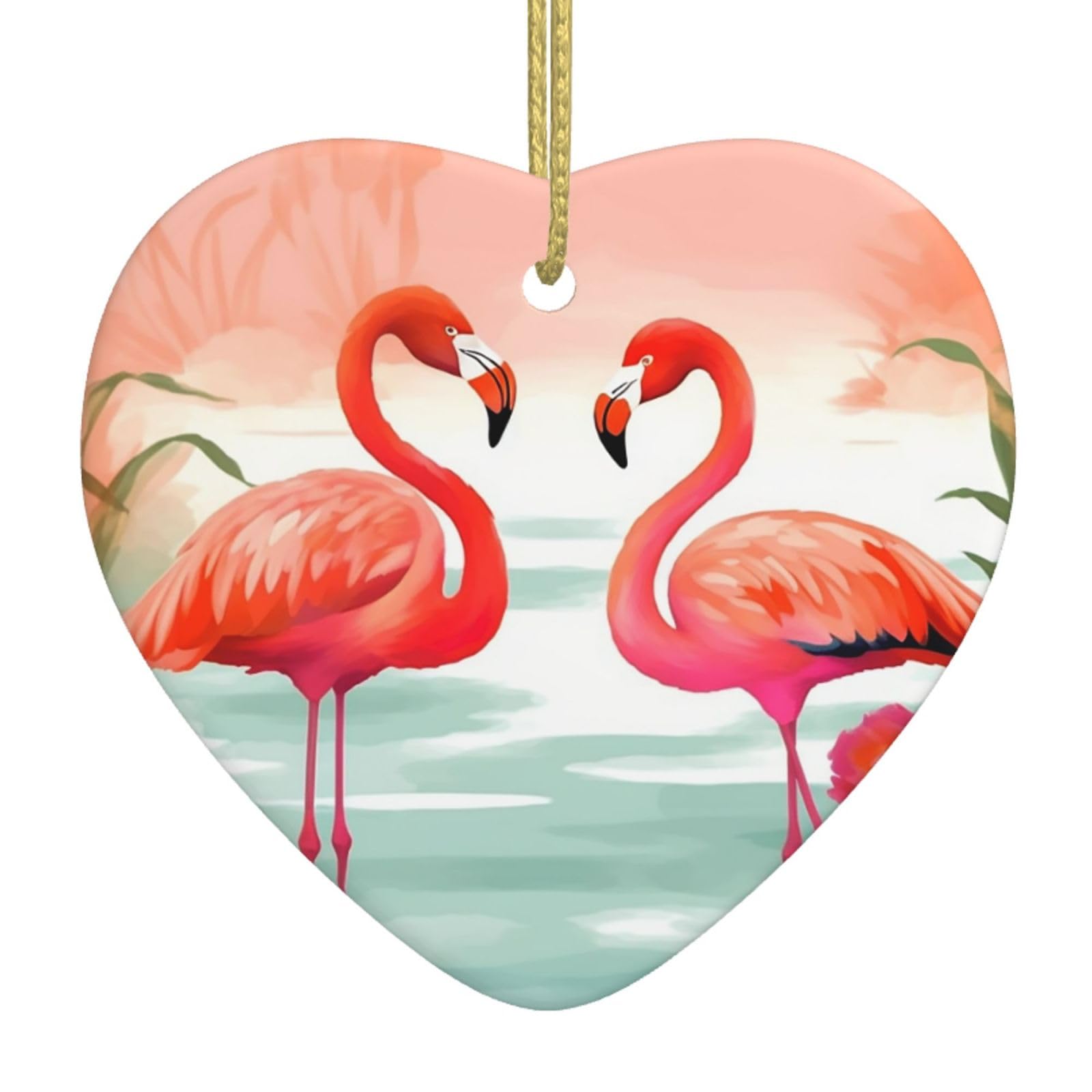 Ceramic Christmas Tree Hanging Ornaments with Gold Ropes Christmas Tree Decorations Heart Ceramic Two Red Flamingos Pendant Keepsake Decorations for Holiday Xmas Gift Ideas