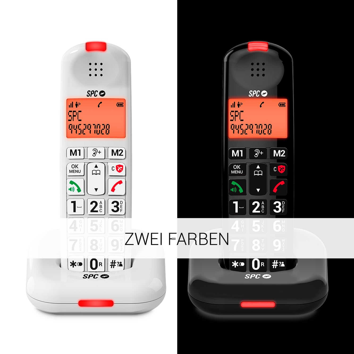 SPC Comfort Kairo - Schnurloses Telefon für Senioren mit großen Tasten, verstärktem Ton, hörgerätekompatibel, Anrufsperre, Lichtsignal und 2 Direktspeichern – Schwarz