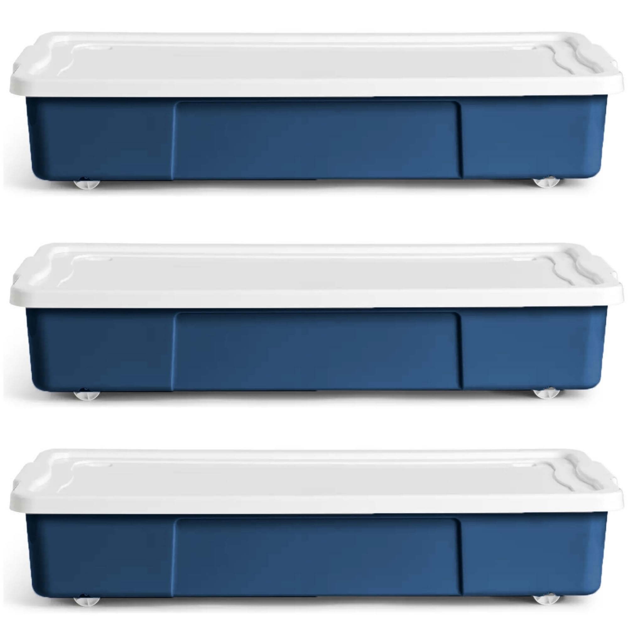SIDSONS - 3x Blue 47L Rolling Underbed Storage Box - Plastic Container Boxes With White Lid & Wheels - Organizer Under Bed Stackable Bin - Space Saving For Bedroom, Home & Office