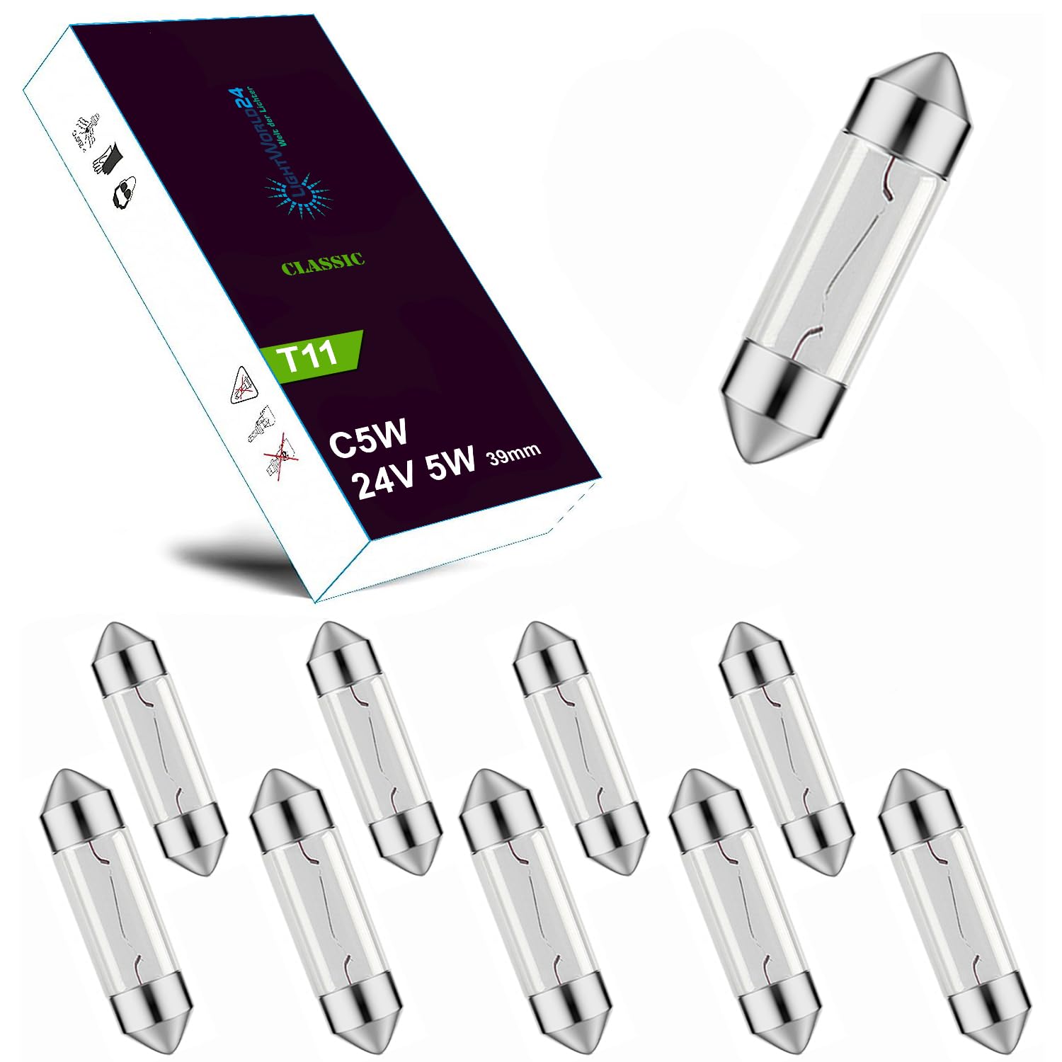 LIGHTWORLD24 Welt der Lichter 10 x Festoon 24 V 5 W C5W SV8.5 39 mm Number Plate Light Bulb Replacement Lamp for Truck Bus Interior