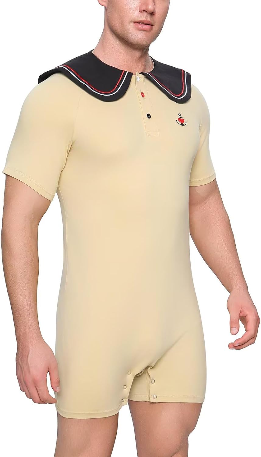 Landofgenie Men’s Cotton Onesie Sailor Collar Bodysuit Short Sleeve Print Romper Pajama - Captain - Image 5