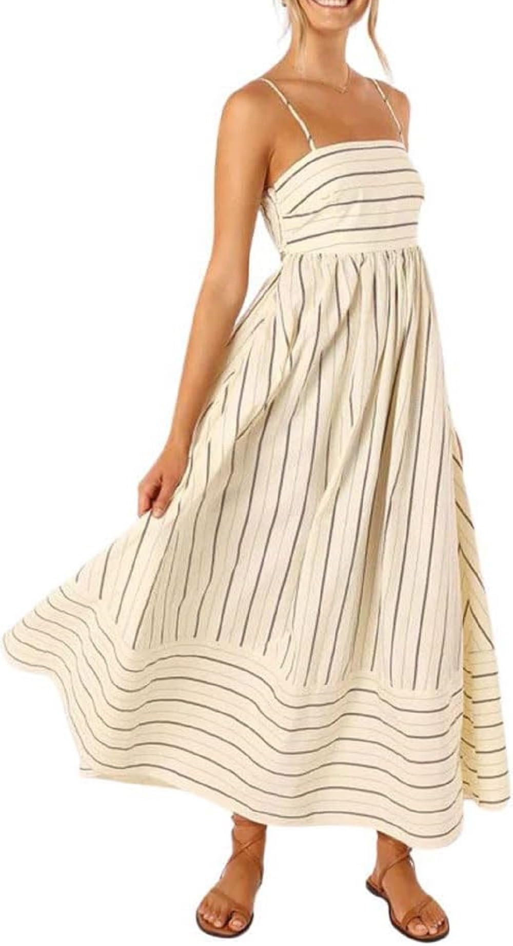 NUFIWIWomen Summer Striped Maxi Dress Spaghetti Strap Cutout Ruffle Long Dress Flowy Swing Beach Vocation Dress
