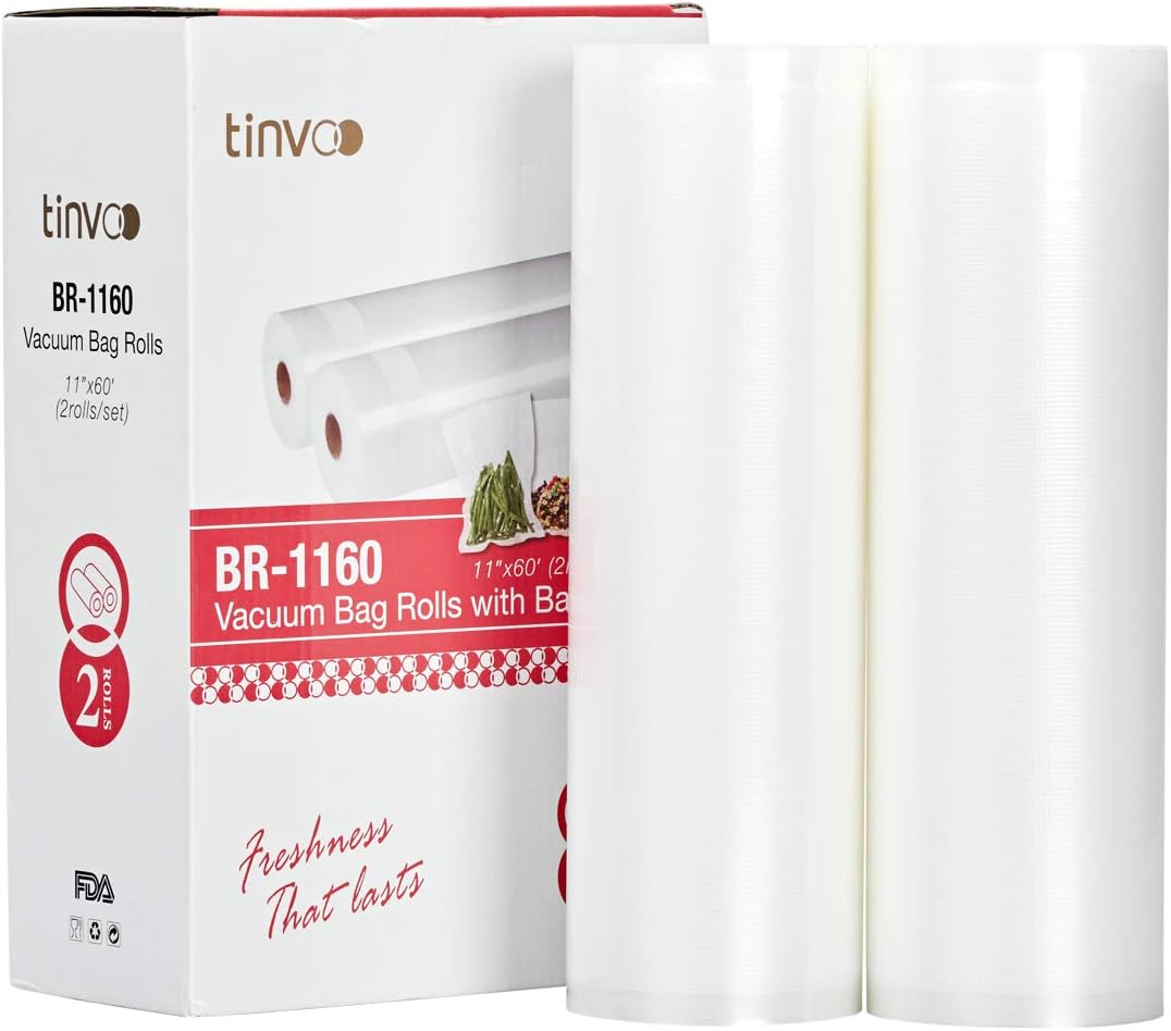 TINVOO Vacuum Sealer Rolls, 2 Rolls Large 11''x 60' Sous Vide Bags Roll for Food Vac Storage