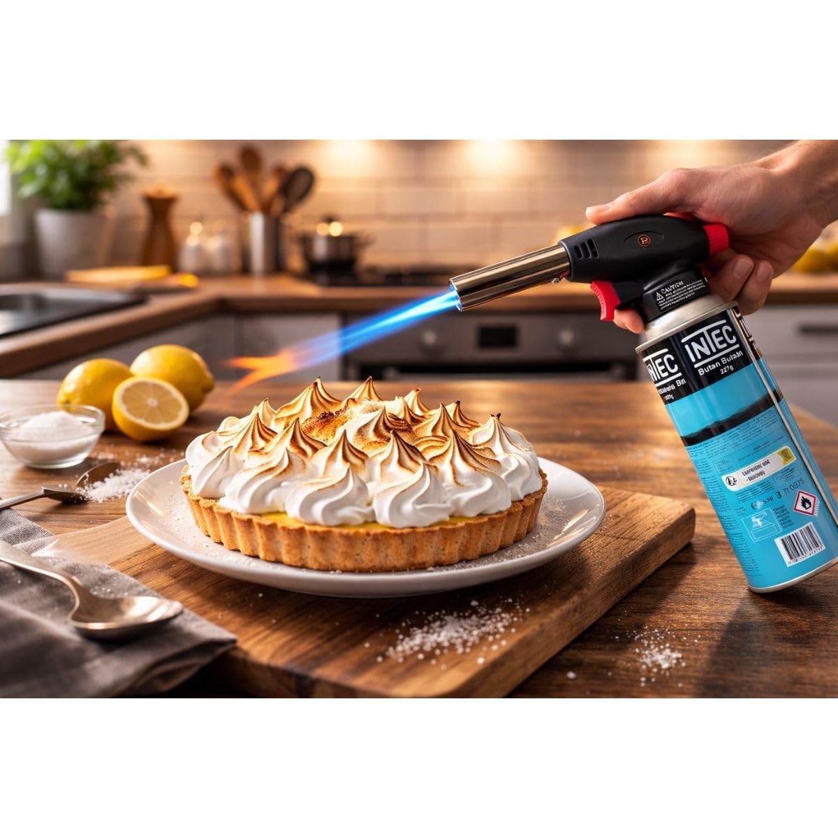 PROWELTEK – Soplete de gas 180 W – 360 °C + cartucho de gas butano 227 gr – Soplete de cocina encendido automático piezo llama ajustable