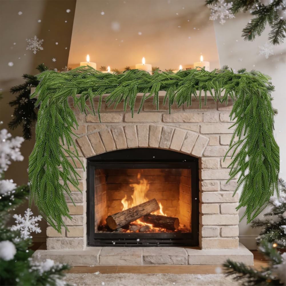 2 Pcs 6FT Norfolk Pine Garland Realistic Real Touch Artificial Faux Greenery Garland for Winter Decorations for Home Window Fireplace Garland for Mantle Table Holiday Indoor Outdoor Garland