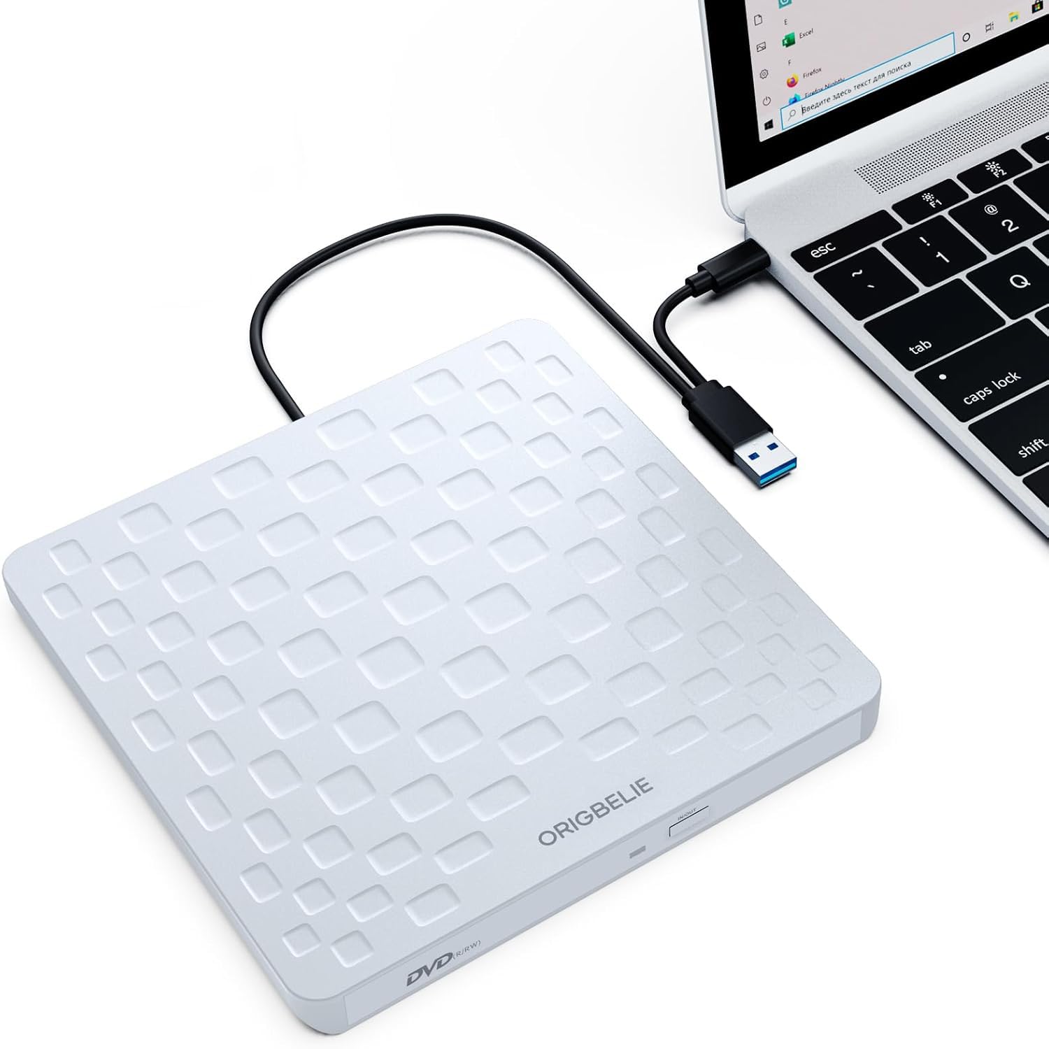 ORIGBELIE Masterizzatore DVD Esterno USB 3.0 Type-C 13mm Ultra Slim CD DVD +/-RW Drive, Plug & Play Lettore CD Esterno per PC Portatile Desktop Windows 11/10/8/7 Linux Mac OS (Bianco)