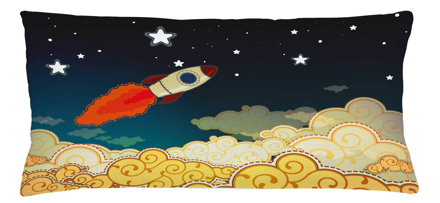 Lunarable Outer Space Throw Pillow Cushion Cover, Paper Cartoon Space Ship Flying Over Paper Clouds into Paper Space, Decorative Rectangle Accent Pillow Case, 36
