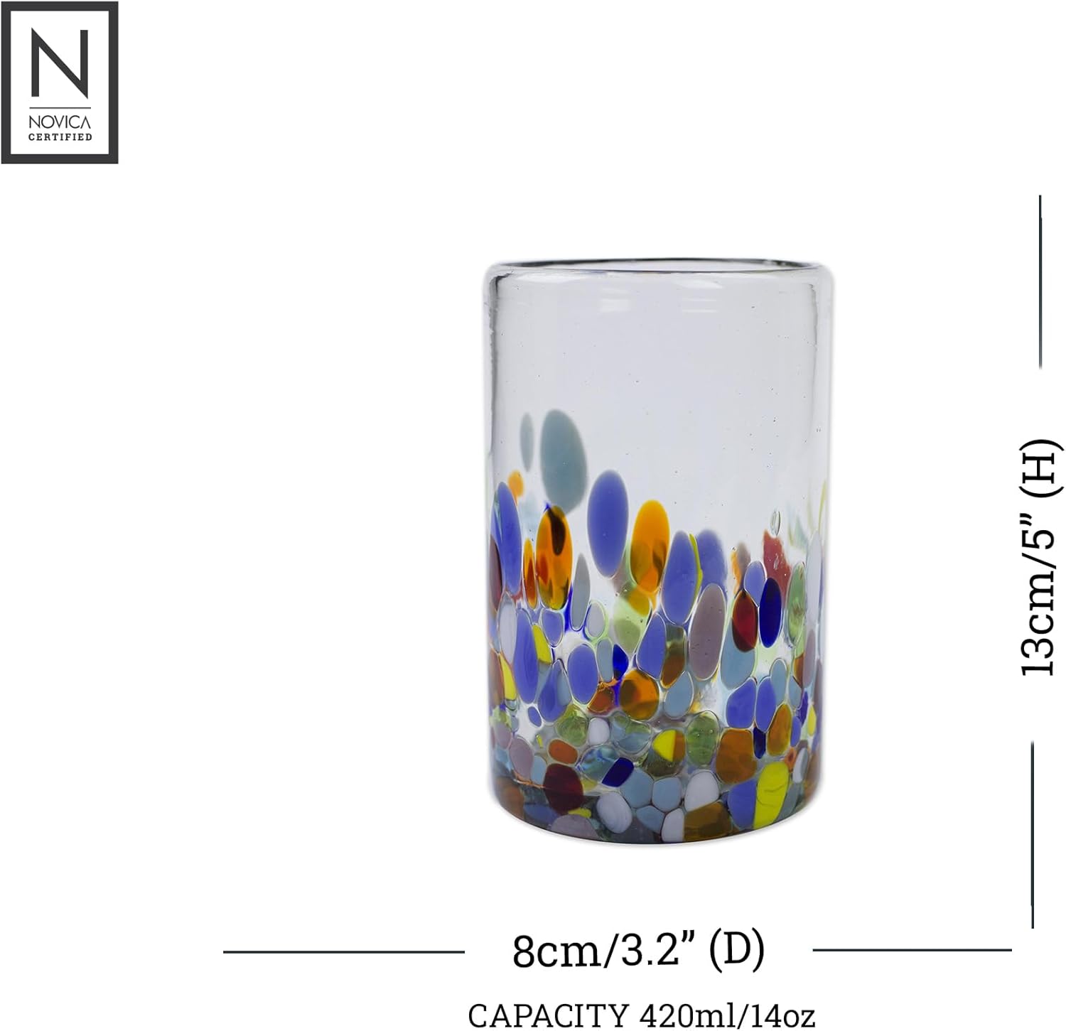 NOVICA Artisan Crafted Recycled Hand Blown Glass Water Glasses, Multicolor, 14 Oz, 'Confetti' (Set Of 6)